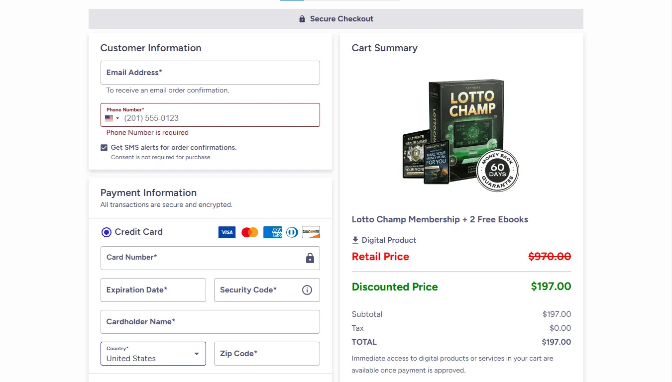 LottoChamp Software Checkout Page